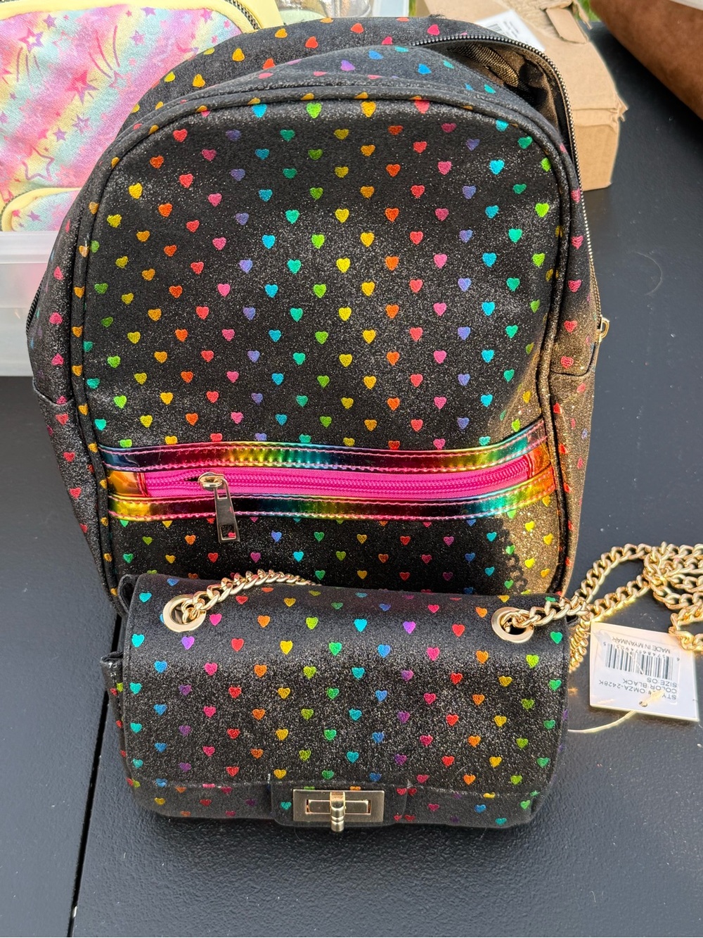 Olivia Miller Black Glitter Heart Backpack and Chain Crossbody with Rainbow Trim